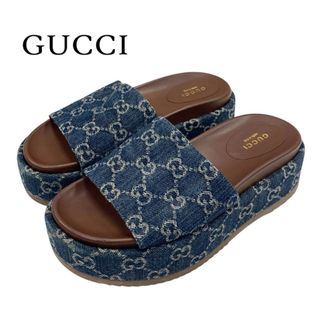 グッチ(Gucci)のグッチ GUCCI サンダル 靴 シューズ デニム ネイビー系 ミュール GGロゴ プラットフォーム(サンダル)