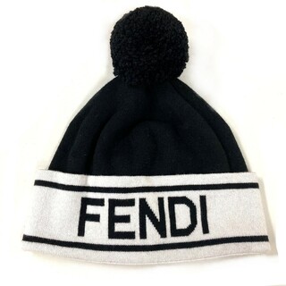 フェンディ FENDI ロゴ ポンポン FXQ056 ビーニー 帽子 ニット帽 ニットキャップ バイカラー 帽子 ニット帽 コットン ブラック 美品