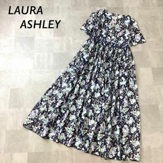 LAURA ASHLEY - LAURA ASHLEY 花柄 ウエスト シャーリング ワンピース ネイビー