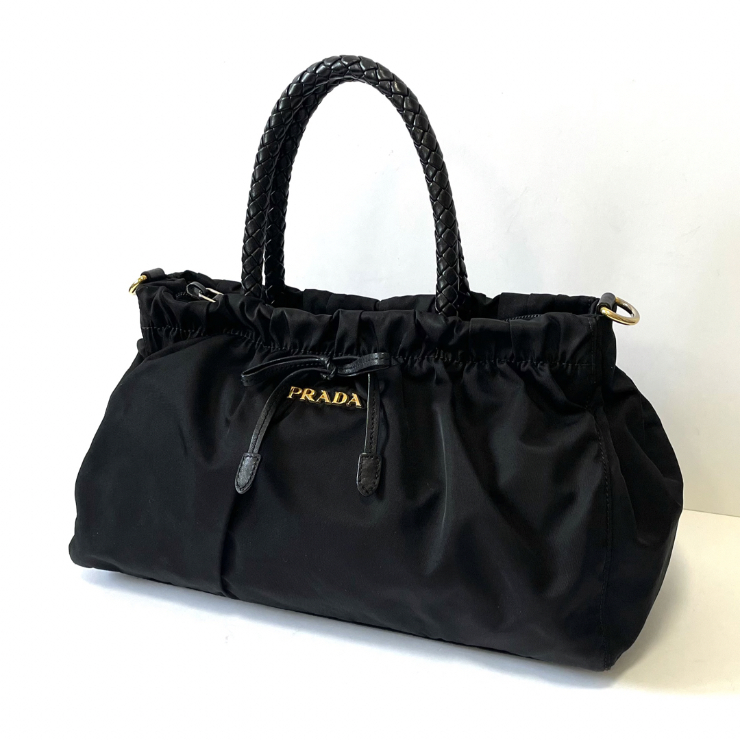 美品】PRADA プラダ 2way ハンドバッグ リボン ナイロン × レザー 美品】PRADA プラダ 2way ハンドバッグ リボン ナイロン × レザー
