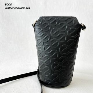 エコー(ECCO)の極美品 エコー ポットバッグウェーブ レザー ショルダーバッグ 型押し ブラック(ショルダーバッグ)
