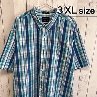 シャツ(shirts)のUSA古着　半袖シャツ　ドレスシャツ　3XL　チェック柄　ブルー　水色　グリーン(シャツ)