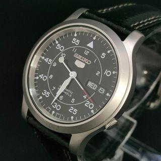 セイコー(SEIKO)の美品　稼働品　SEIKO5　セイコー5　ブラック　シルバー　レザー　自動巻き(腕時計(アナログ))