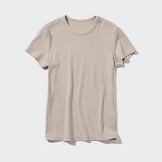 ユニクロ(UNIQLO)の新品未使用タグ付き UNIQLO ユニクロ ソフトリブクルーネック ベージュ(Tシャツ(半袖/袖なし))