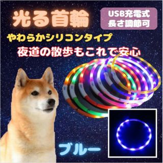 光る 首輪 ブルー LEDライト USB充電 犬 ドッグ シリコン 夜 散歩(犬)