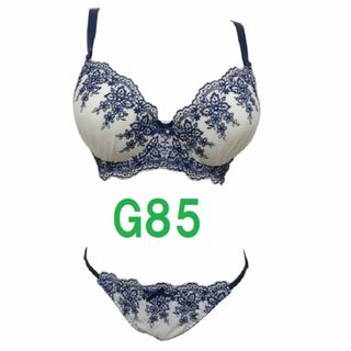 G85/LL・ネイビー　チュール刺繍 ブラジャー＆ショーツ（パッドつき）　新品　(ブラ&ショーツセット)