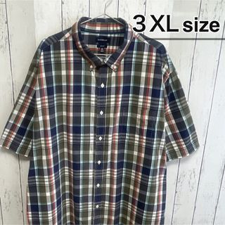 シャツ(shirts)のUSA古着　半袖シャツ　ドレスシャツ　3X　チェック柄　カーキグリーン　ネイビー(シャツ)