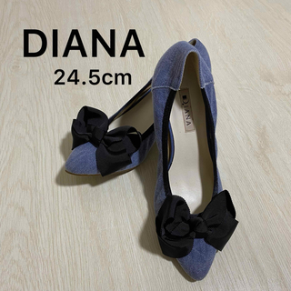 ダイアナ(DIANA)の美品❣️ダイアナ DIANA  ブラックリボンデニムパンプス 24.5cm(ハイヒール/パンプス)