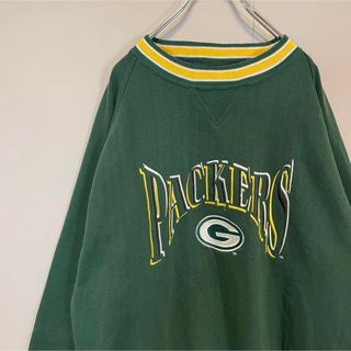 【人気グリーン、リンガーネック◎】PACKERSビック刺繍ロゴ古着90s 緑L(スウェット)