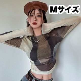 34【大人気】クロップド丈 マーブル タイダイ柄 シアー透けトップス M 肌見せ(シャツ/ブラウス(長袖/七分))