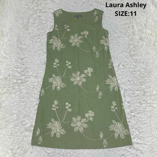 ローラアシュレイ 春夏素材 フラワー刺繍 リネン ノースリーブワンピース 花柄