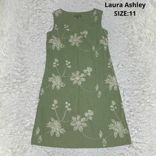 ローラアシュレイ(LAURA ASHLEY)のローラアシュレイ 春夏素材 フラワー刺繍 リネン ノースリーブワンピース 花柄(ひざ丈ワンピース)