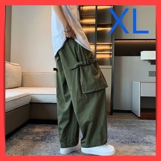 カーゴパンツ ワイド ユニセックス メンズ イージー 袴パンツ カーキ　XL(ワークパンツ/カーゴパンツ)