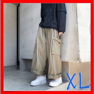 カーゴパンツ ワイド ボトムス ユニセックス メンズ 袴パンツ カーキ XL(ワークパンツ/カーゴパンツ)