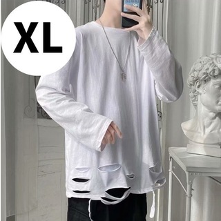 【大人気♪】メンズ　長袖　Tシャツ　XL　ホワイト　白　ダメージ加工　シンプル(Tシャツ/カットソー(七分/長袖))