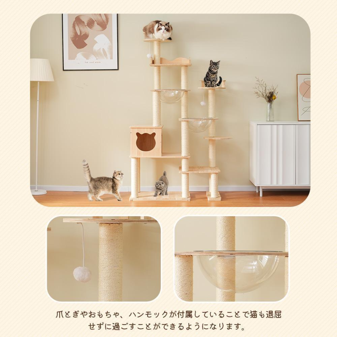キャットタワー 大型 木製 据え置き 高さ170cm 宇宙船2個 透明 キャットタワー 大型 木製 据え置き 高さ170cm 宇宙船2個 透明