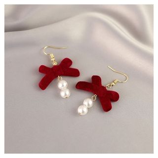 レディース ピアス アクセサリー リボン パール 冬 赤 レッド(ピアス)