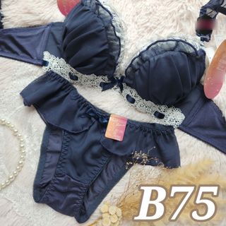 №758【B75】ドリーミーシフォンフリルブラジャー&フルバックショーツ