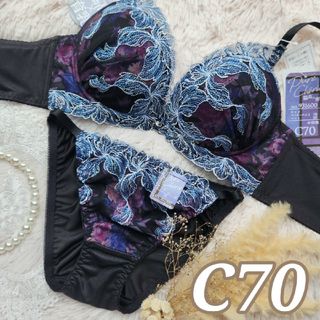 №764【C70】メロウフルールシフォン育乳脇高ブラジャー&フルバックショーツ(ブラ&ショーツセット)