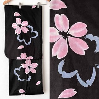 ◆新品 浴衣単品 変わり織り 綿紅梅 黒地に桜柄(浴衣)