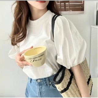 パフスリーブ ブラウス リボンブラウス シンプル かわいい 春 夏服フリーサイズ(Tシャツ/カットソー(半袖/袖なし))