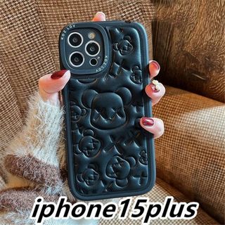 iphone15plusケース カーバー可愛 熊 ブラック1(iPhoneケース)