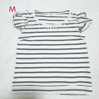 レディース トップス カットソー Tシャツ ストライプ Ｍ パフ袖 丸首 半袖(カットソー(半袖/袖なし))