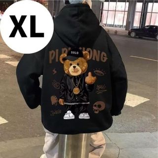 【大人気♪】XL　メンズ　パーカー　くま　ブラック　オーバーサイズ　黒　韓国(スウェット)