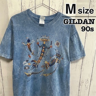 ギルタン(GILDAN)のUSA古着　90s　GILDAN　Tシャツ　デニム風　タイダイ　ブルー　プリント(Tシャツ/カットソー(半袖/袖なし))