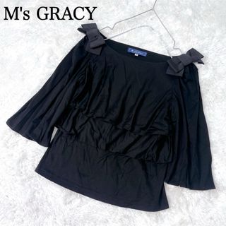 M'S GRACY - エムズグレイシー　肩リボン　ティアード トップス 七分袖 フレア袖　黒　38