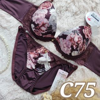 №766【C75】アンティークローズピオニー育乳脇高ブラジャー&ショーツ(ブラ&ショーツセット)