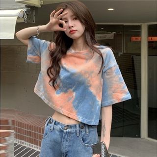 【人気】レディース トップス 半袖Ｔシャツ オレンジ ショート XL タイダイ(Tシャツ(半袖/袖なし))