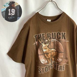 古着 半袖Tシャツ アニマル柄 シカ 茶色 ビッグプリント ゆるだぼ XL(Tシャツ/カットソー(半袖/袖なし))