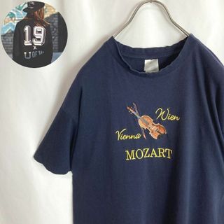 US古着 Tシャツ 半袖 バイオリン刺繍 モーツァルト英字 ネイビー Lかわいい(Tシャツ/カットソー(半袖/袖なし))