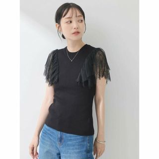 アースミュージックアンドエコロジー(earth music & ecology)の【ブラック】袖レースリブニットプルオーバー カットソー/レディース/24SS(ニット/セーター)