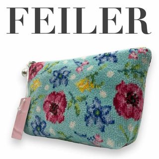 フェイラー(FEILER)の未使用品　FEILER フェイラー　s22 毛糸　刺繍　花柄　ポーチ　総柄　水色(ショルダーバッグ)