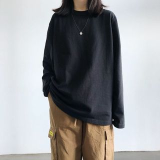 長袖　ロンT　M　黒　無地　ゆったり　体系カバー　ユニセックス　男女兼用(Tシャツ/カットソー(七分/長袖))