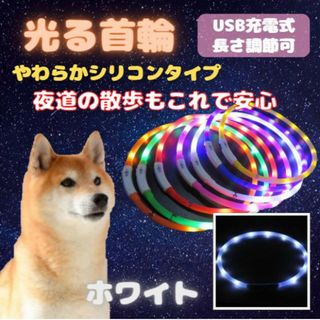 光る 首輪 ホワイト LEDライト USB充電 犬 ドッグ シリコン 夜 散歩(犬)