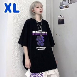 【売れてます】クマ プリント Tシャツ ブラック XL ユニセックス トップス(Tシャツ(半袖/袖なし))