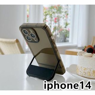 iphone14ケース スタンド付き　半透明 ブラック322(iPhoneケース)