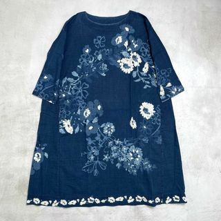 45R - 【美品】45R 45rpm インディゴ 花柄 総柄 ロング ワンピース 上品 0