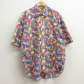 XL★古着 半袖 シャツ メンズ 90年代 90s 総柄 ロング丈 コットン ピンク他 24may24 中古 トップス(シャツ)