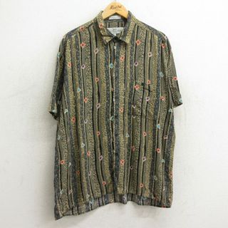 XL★古着 半袖 シャツ メンズ 総柄 レーヨン ベージュ系他 カーキ ストライプ 24may24 中古 トップス(シャツ)