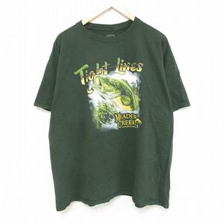 XL★古着 半袖 Tシャツ メンズ 魚 大きいサイズ コットン クルーネック 濃緑 グリーン 24may24 中古(Tシャツ/カットソー(半袖/袖なし))