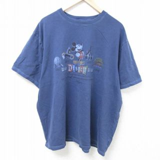 ディズニー(Disney)のXL★古着 半袖 Tシャツ メンズ ディズニー DISNEY ミッキー MICKEY MOUSE 大きいサイズ コットン クルーネック 紺 ネイビー 24may24 中古(Tシャツ/カットソー(半袖/袖なし))