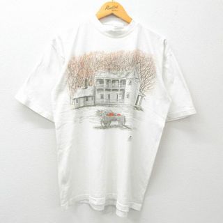 L★古着 半袖 ビンテージ Tシャツ メンズ 90年代 90s 家 木 クルーネック USA製 白 ホワイト 24may24 中古(Tシャツ/カットソー(半袖/袖なし))