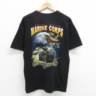 L★古着 半袖 ビンテージ Tシャツ メンズ 00年代 00s ミリタリー USMC ワシ 戦車 コットン クルーネック USA製 黒 ブラック 24may24 中古(Tシャツ/カットソー(半袖/袖なし))