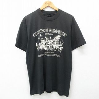 フルーツオブザルーム(FRUIT OF THE LOOM)のL★古着 フルーツオブザルーム 半袖 ビンテージ Tシャツ メンズ 90年代 90s ポーターズヴィル 風船 クルーネック USA製 黒 ブラック 24may24 中古(Tシャツ/カットソー(半袖/袖なし))