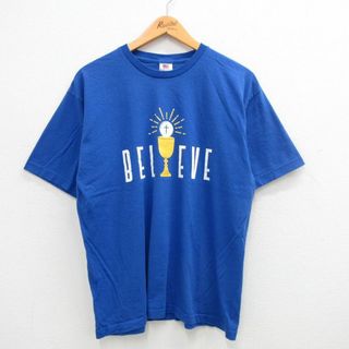 L★古着 半袖 ビンテージ Tシャツ メンズ 00年代 00s BELEVE コットン クルーネック USA製 青 ブルー 24may24 中古(Tシャツ/カットソー(半袖/袖なし))