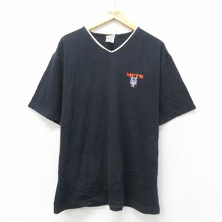 XL★古着 半袖 ビンテージ Tシャツ メンズ 00年代 00s MLB ニューヨークメッツ 大きいサイズ コットン Vネック 黒他 ブラック メジャーリーグ ベースボール 野球 24may24 中古(Tシャツ/カットソー(半袖/袖なし))